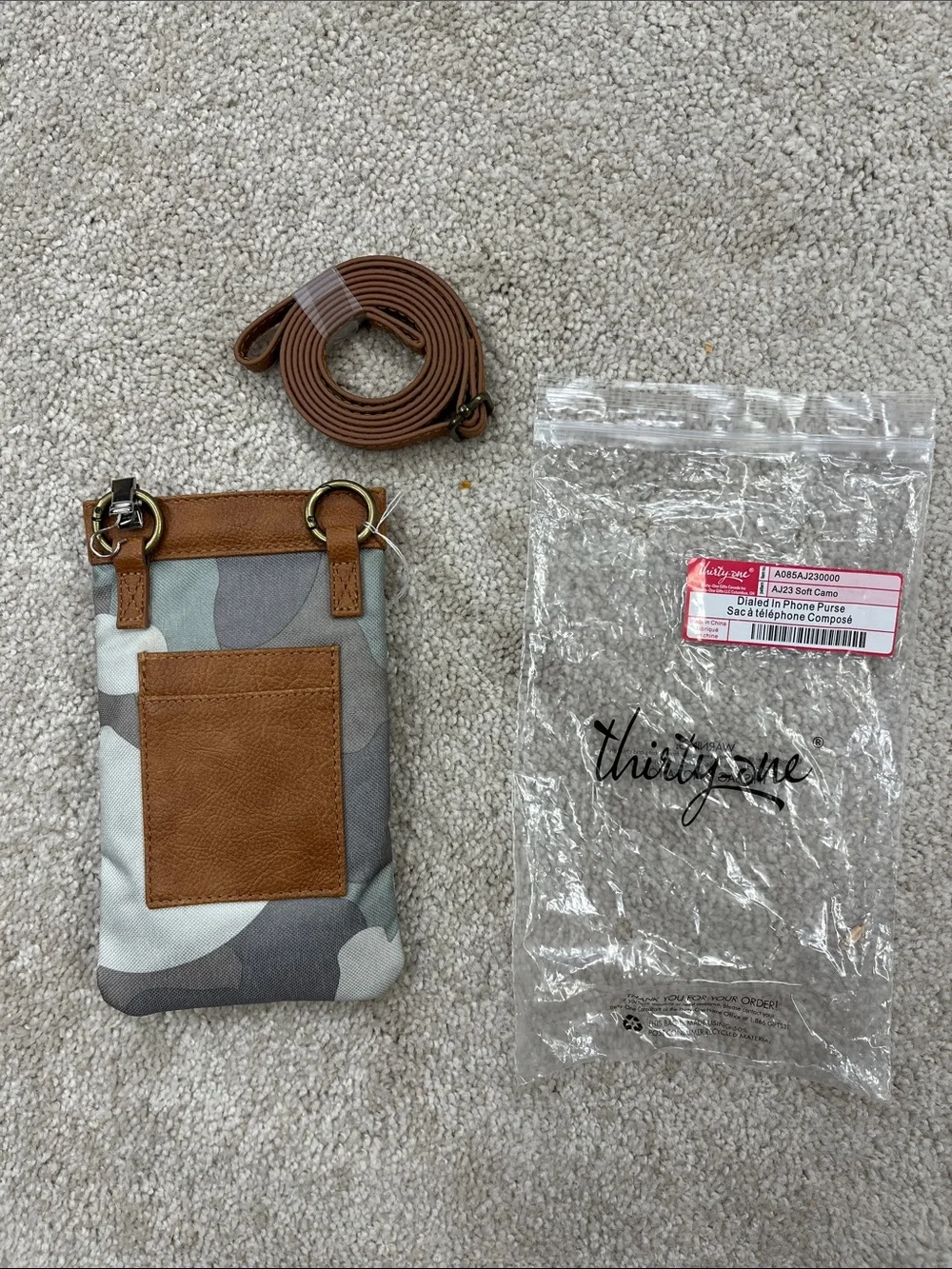 thirty-one Camo Crossbody Phone Pouch with Tan Trim and Strap